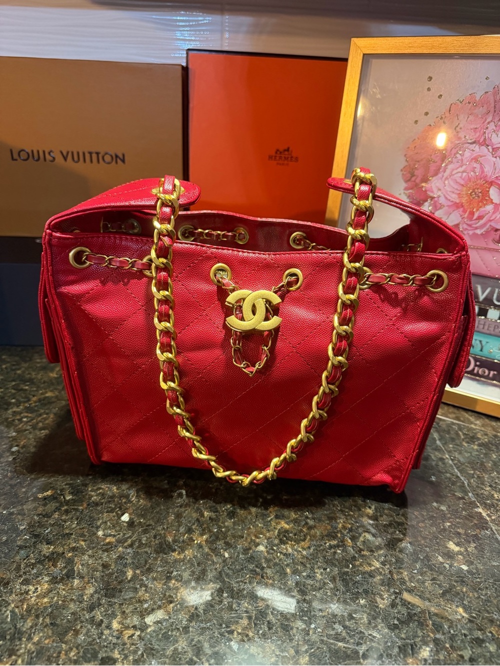 Red Quilted Shoulder Bag with Gold Chain